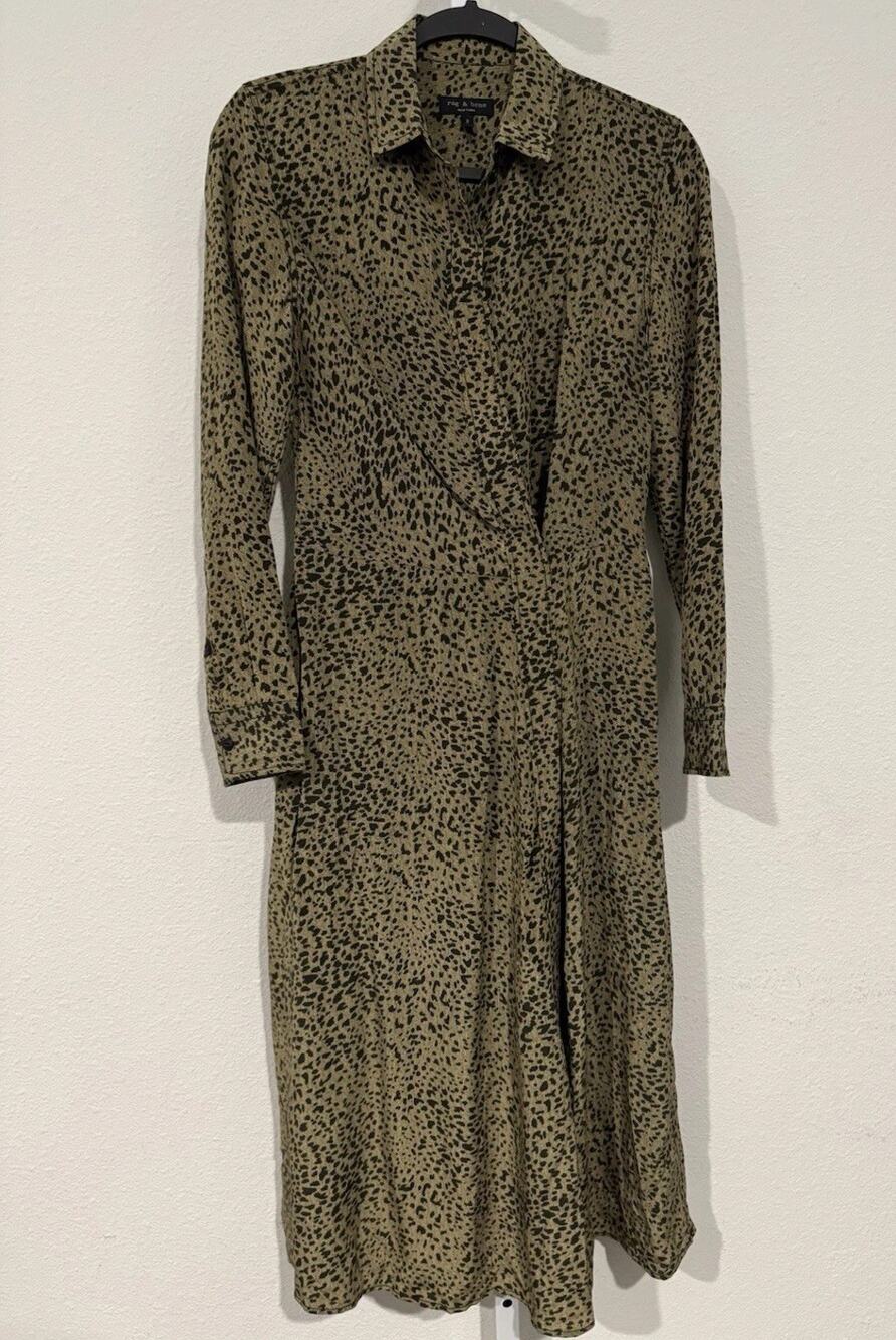 Rag & Bone Karen Midi Dress Olive Multi 100% Silk Animal Print Women’s Size 2